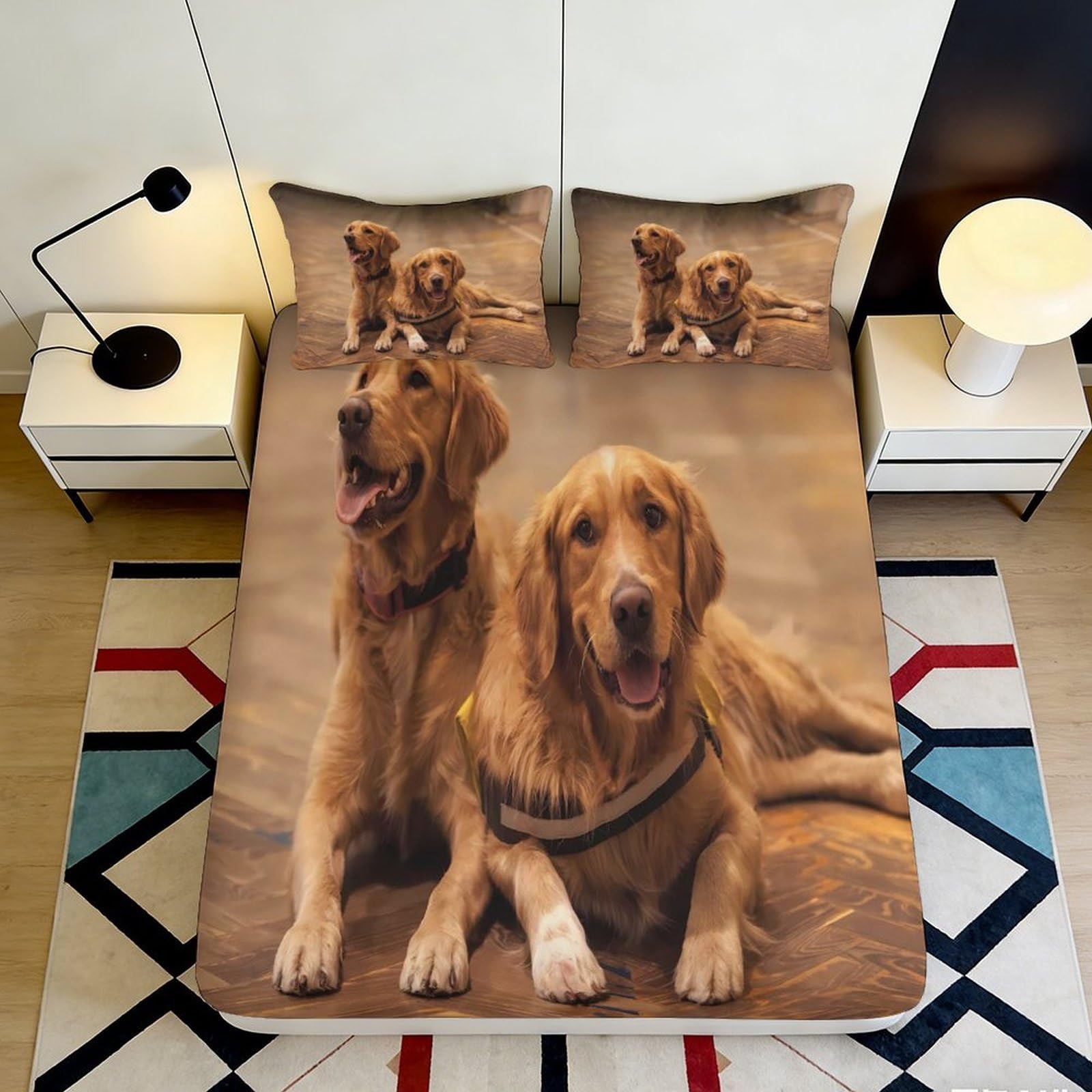 3D Printed Golden Retriever Dog Fitted Sheet Microfiber Soft Anti-Slip Bed Cover for Bedroom Guestroom Decor, Washable 90x200x25cm