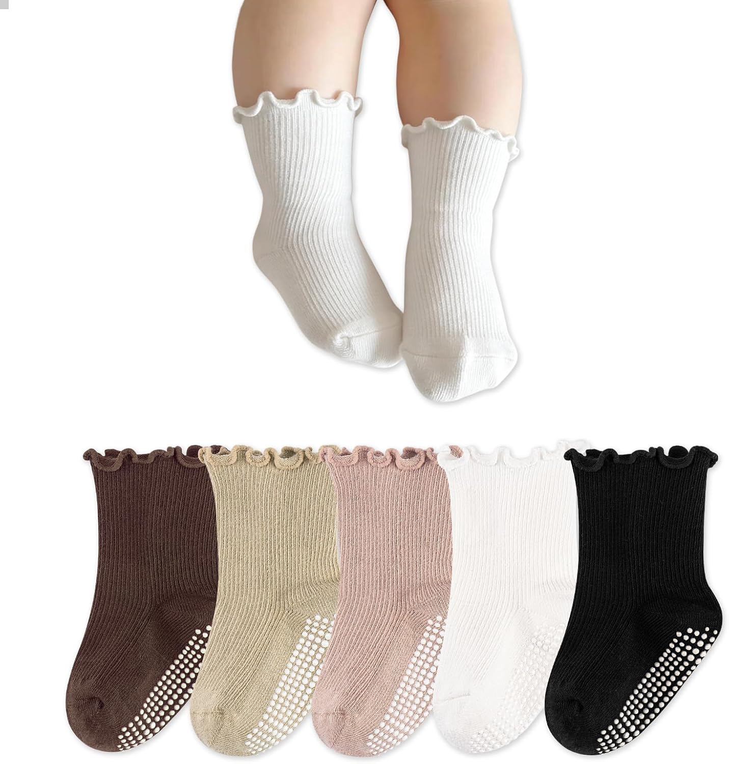 5 Pack Toddler Girl Ruffle Grip Socks Newborn Non Slip Baby 0-3T | Soft Cotton, Turn Cuff, Cute Frilly, Ankle Socks