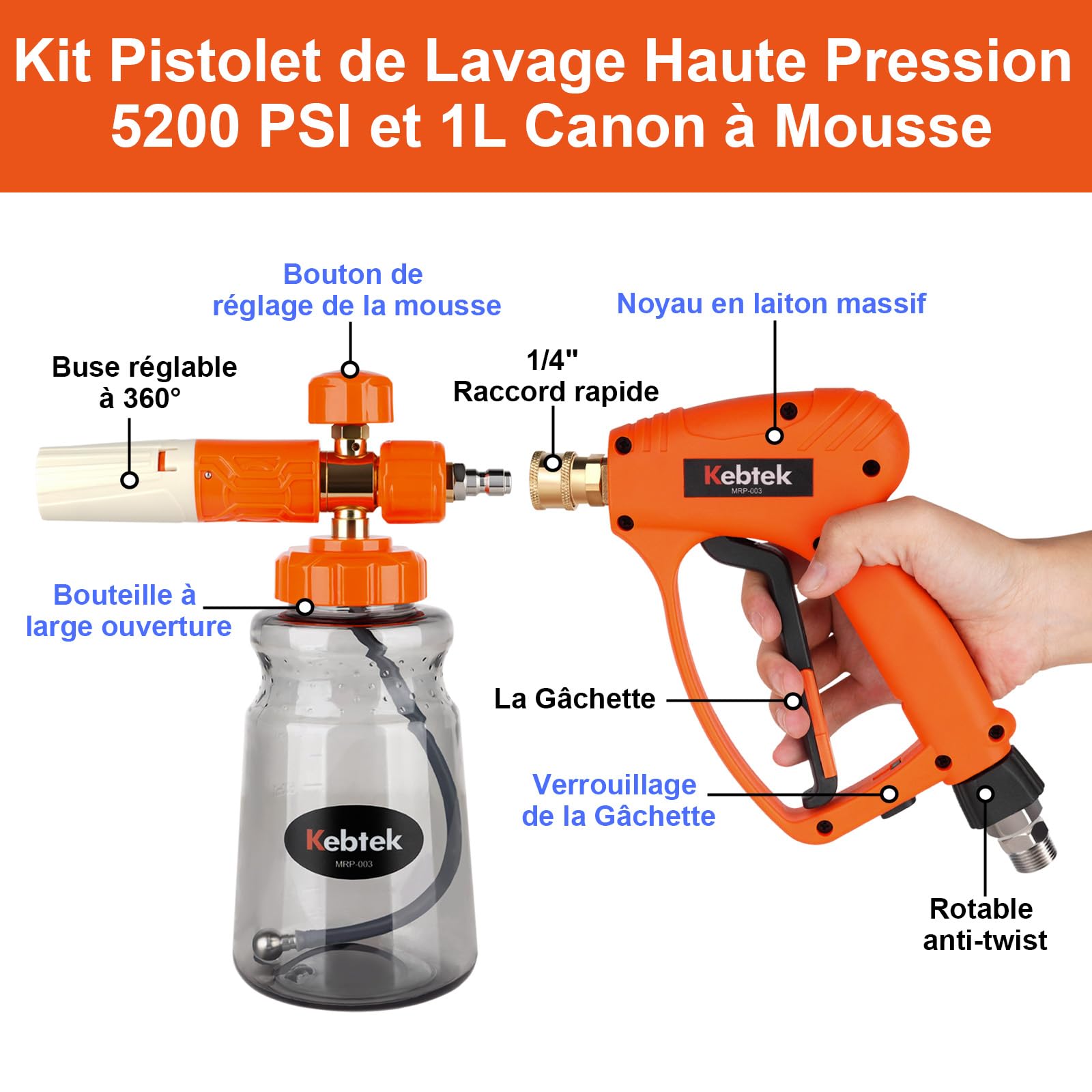 Kebtek Pistolet Haute Pression Compatible avec Nilfisk/Bosch avec Canon à Mousse et 5 Embout de Buse