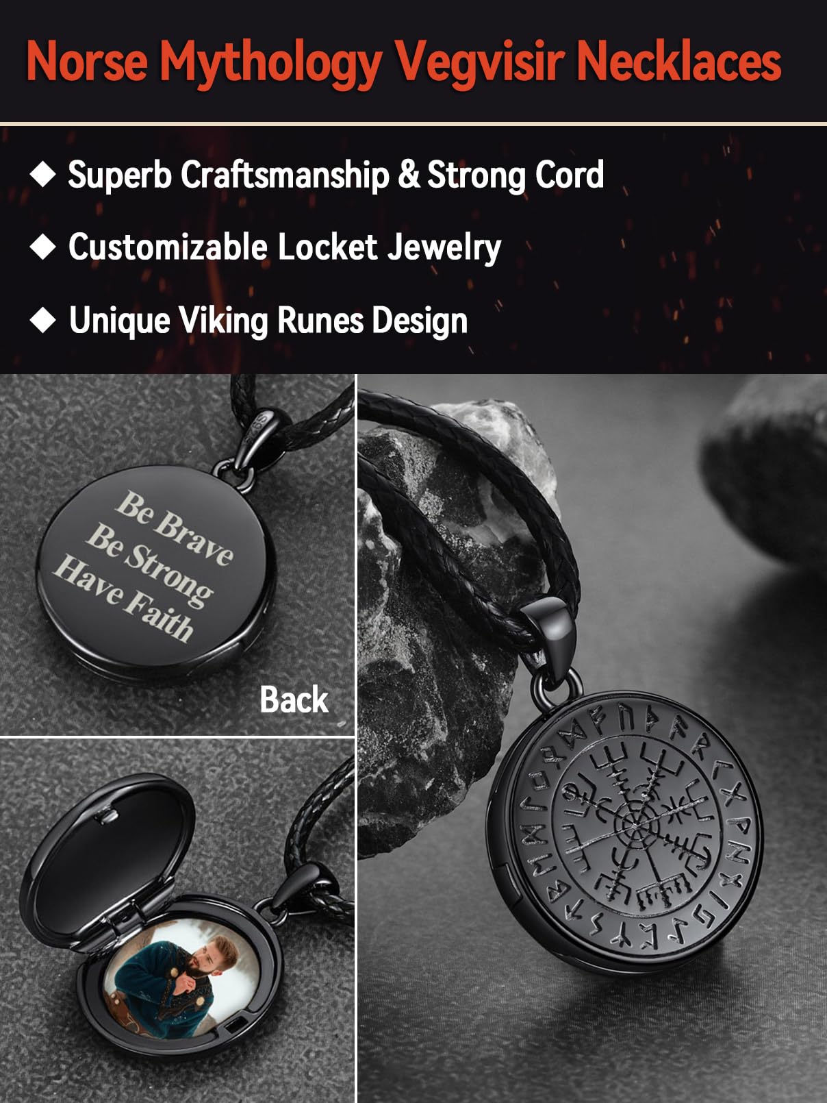 FaithHeart 925 Foto Anhänger für Damen Herren, Schwarz Medaillon mit Wikinger Vegvisir Symbol, Wikinger Amulett mit Bildanhänger für Geburtstag Weihnachten Halloween
