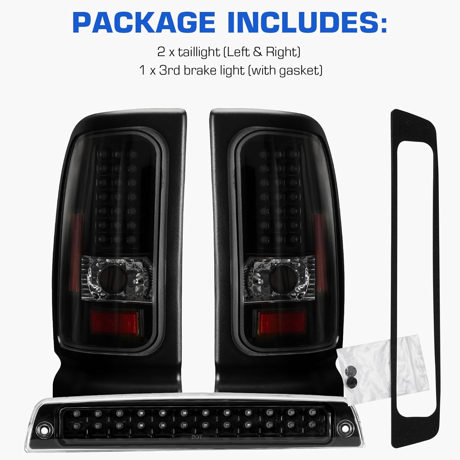 LED Tail Light + 3rd Brake Light Kit for Dodge Ram 1500 1994-2001, for Dodge Ram 2500 3500 1994-2002, Rear Brake Cargo Lamp Taillight Assembly, Black Housing Clear Lens