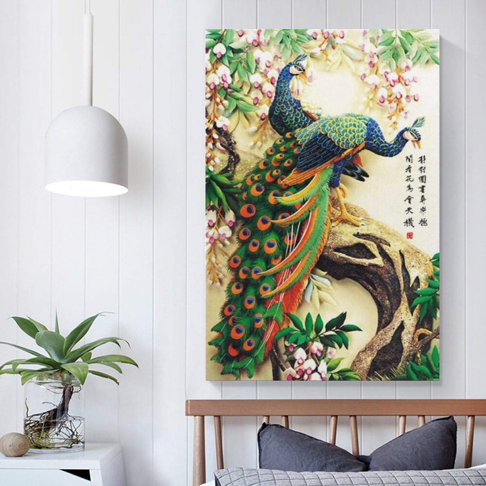 Amazon.co.jp: 中国の伝統的な鳥の絵色孔雀花枝東洋古代アジア水彩画壁