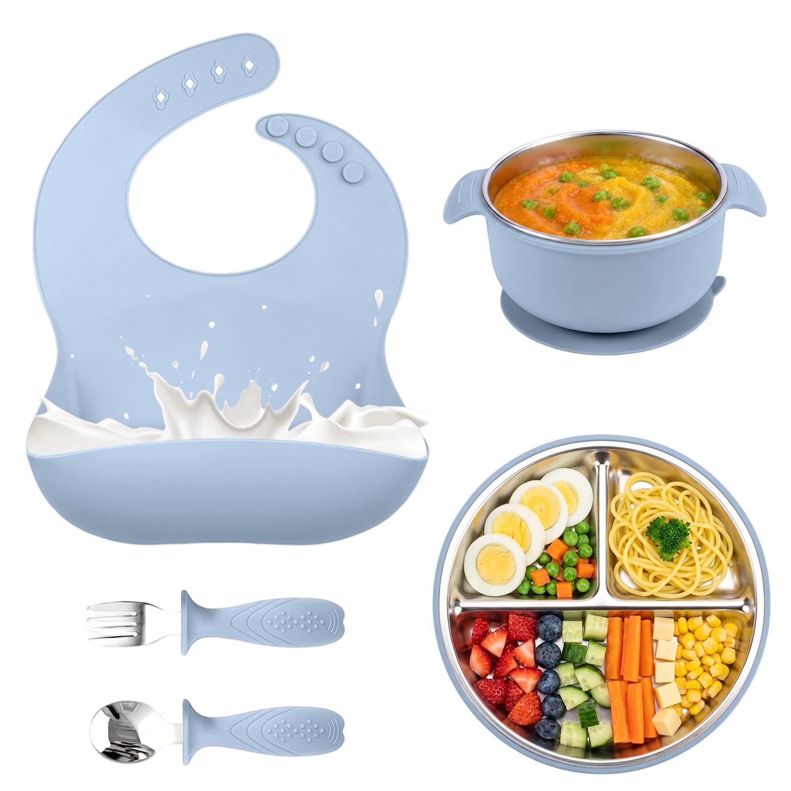 Cofanetto Pasto Bebè 5 Pezzi, Stoviglie in Silicone Antiscivolo con Ventosa: Piatto a 3 Scomparti, Ciotola, Bavaglino, Cucchiaio e Forchetta – Senza BPA per Neonati e Bambini (blu)