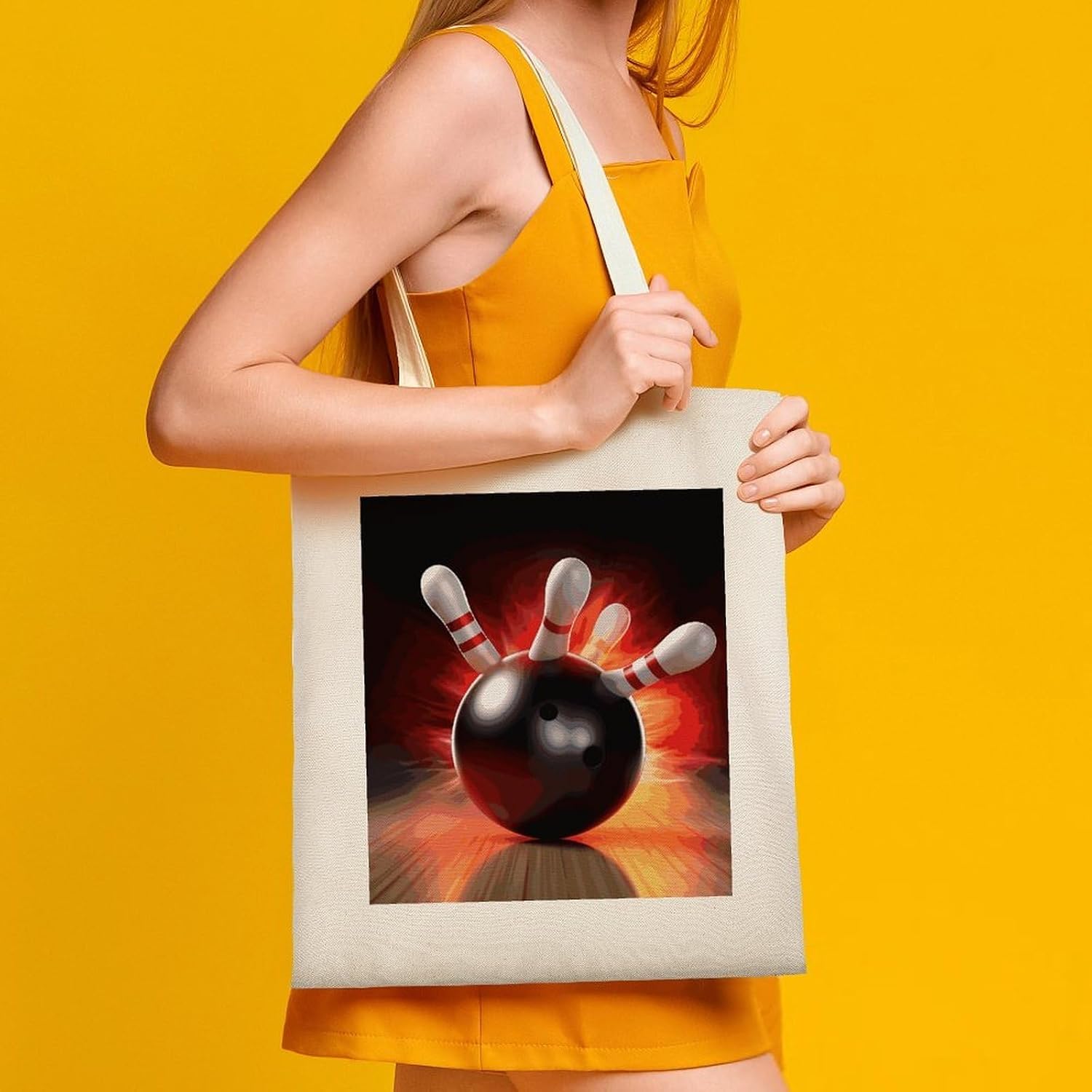 Bowling Ball Cotton Polyester Blend Canvas Carryall Bag | Bowling Ball Reusable Fabric Handbag for Grocery Travel Daily Errands Multipurpose Storage Carry Tote