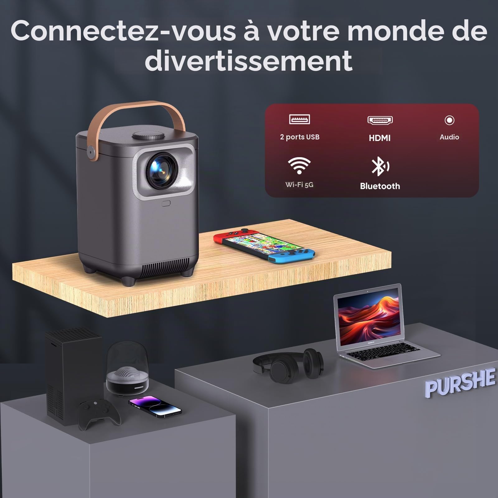 Vidéoprojecteur, mise au point électrique/correction trapézoïdale automatique WiFi 6 BT5.2 Mini projecteur 4K Full HD 1080P pris en charge, zoom 50 % portable pour home cinéma / extérieur compatible