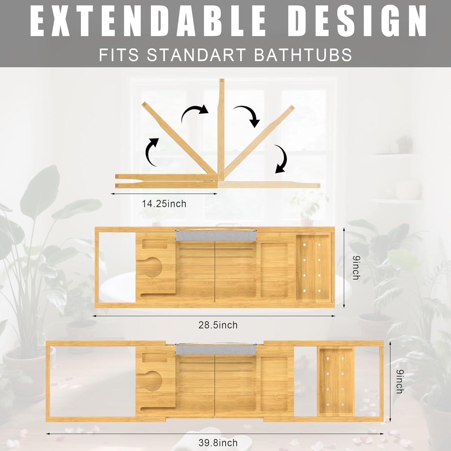Foldable Bathtub Caddy Tray for Tub,Bamboo Expandable Bath Table Trays,Premium Bathroom Accessories for New Home & Mothers Day & Birthday Gifts for Couples,Natural