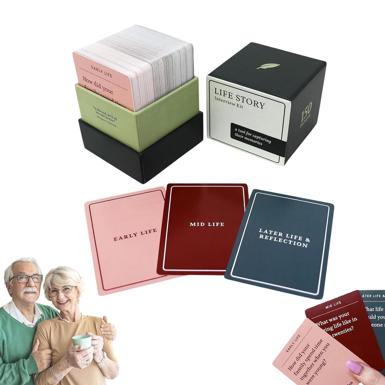 Kit di 150 carte per interviste di storia di vita, kit per interviste di racconti di vita, conosci genitori e nonni per la serata di gioco in famiglia con carte domande curate, kit di intervista per