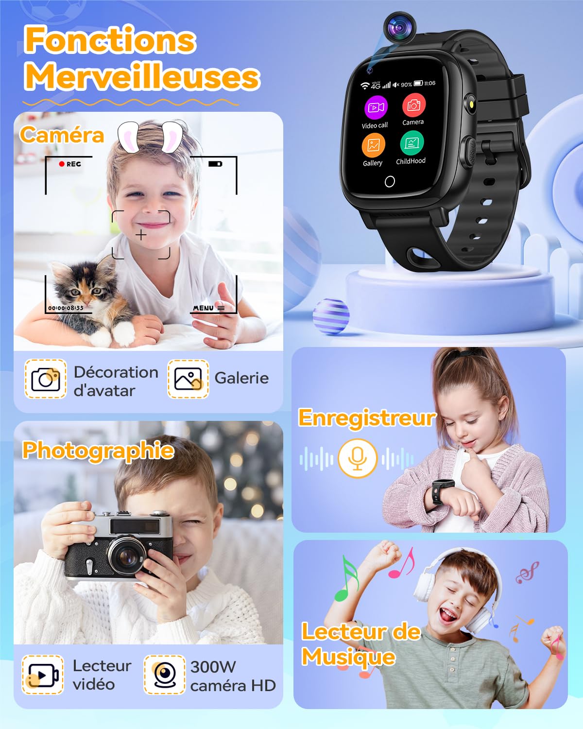 Montre Connectée Enfant, 4G Appel Montre Intelligente GPS Tracker avec Bouton SOS, WiFi, Caméra,Notification,Lecteur de Musique, Podomètre, Mode Classe, Cadeaux pour Garçons et Filles, Noir