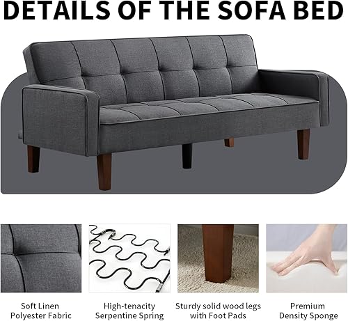Miniatura 6 de KIKO Sofá cama futón convertible, moderno sofá futón de lino con respaldo ajustable y patas de madera maciza, sofá cama de 3 plazas para espacios