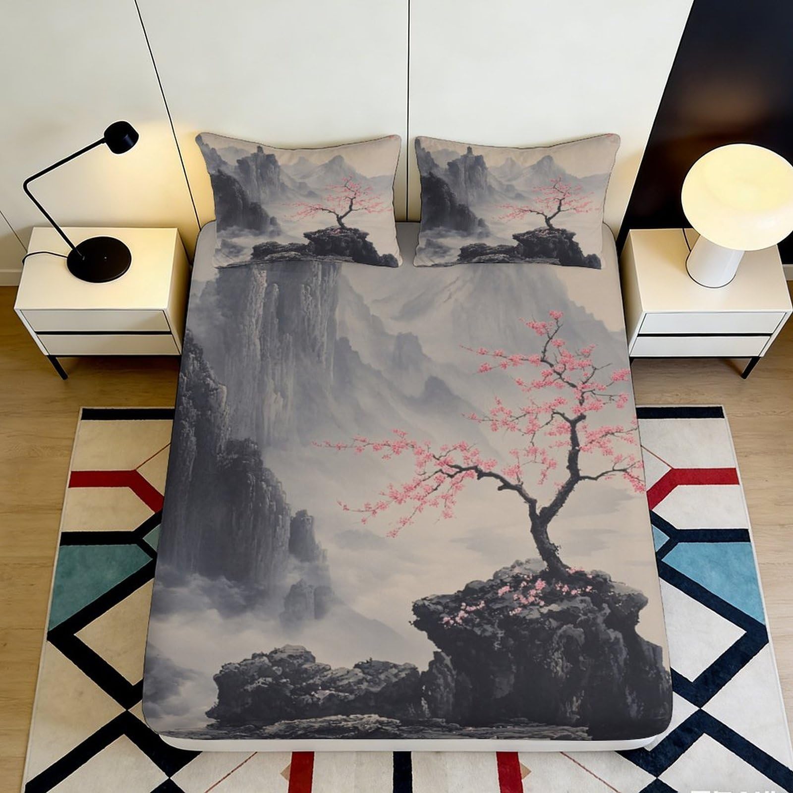 3D Printed Chinese Ink Landscape Fitted Sheet Microfiber Soft Cherry Blossom Mountain Mattress Cover for Bedroom Decor 200x200x25cm