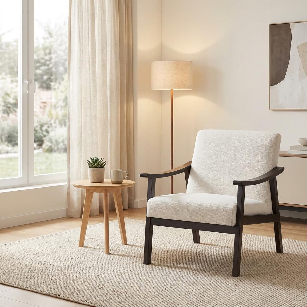 Mid-Century Modern Accent Chair, Upholstered Arm Chair Solid Wood Frame for Lounge, Living Room, Reading Room, Bedroom (Ancient White)