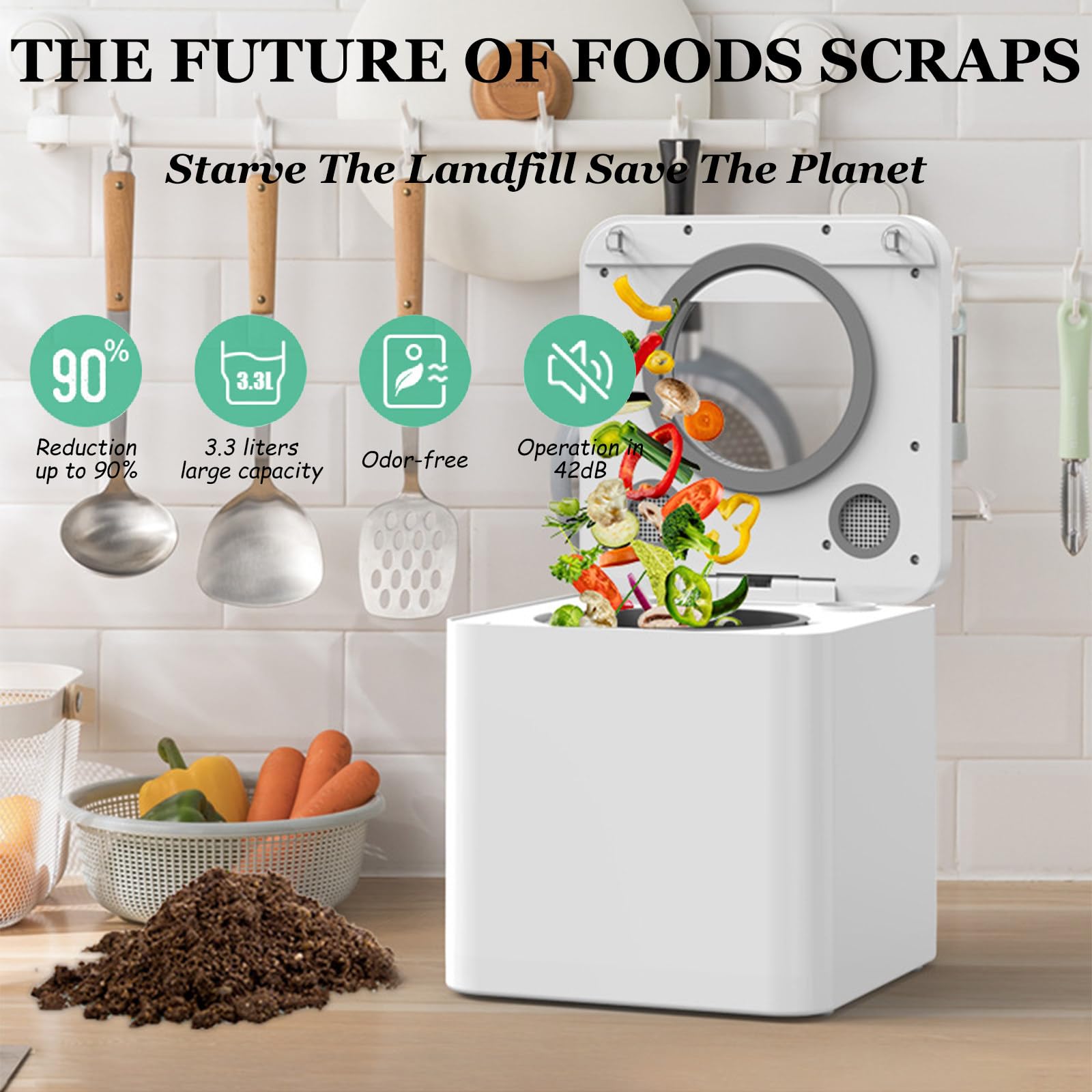 Compostador Inteligente para Encimera Sin Olor, Convierte Los Desechos En Fertilizante Seco, Compostador para Interiores, Compostador EléCtrico para Cocina,220V