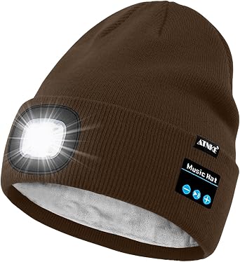 ATNKE LED Lighted Bluetooth Beanie Hat,USB Rechargeable 4 LED Wireless Run Headlamp Lined Fleece Cap for Men and Women