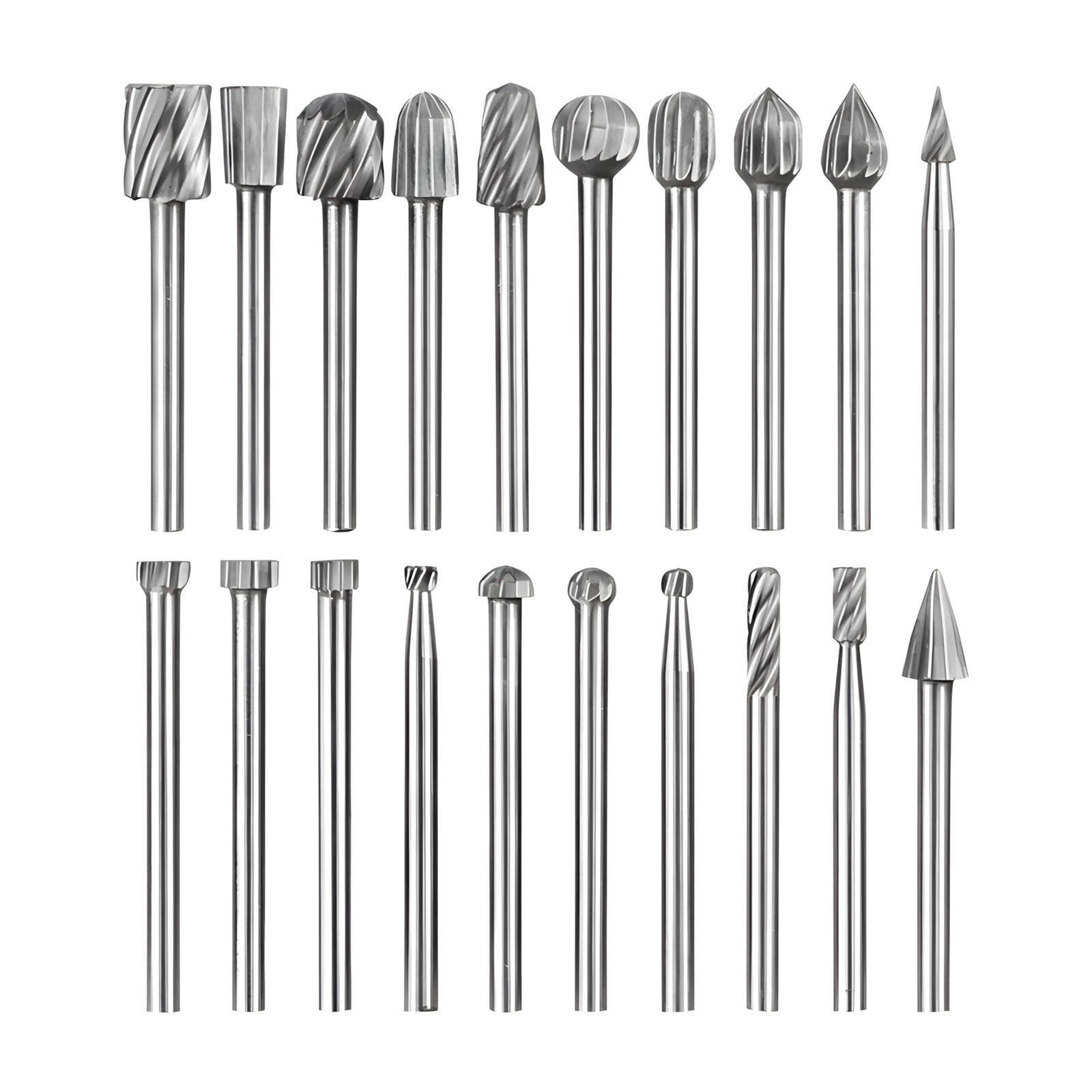 Set di 20 punte per fresatura in metallo duro, punte per fresatura a doppio taglio con codolo da 3 mm compatibili con Dremel, accessori per utensili rotanti per levigare, intagliare, lucidare metalli