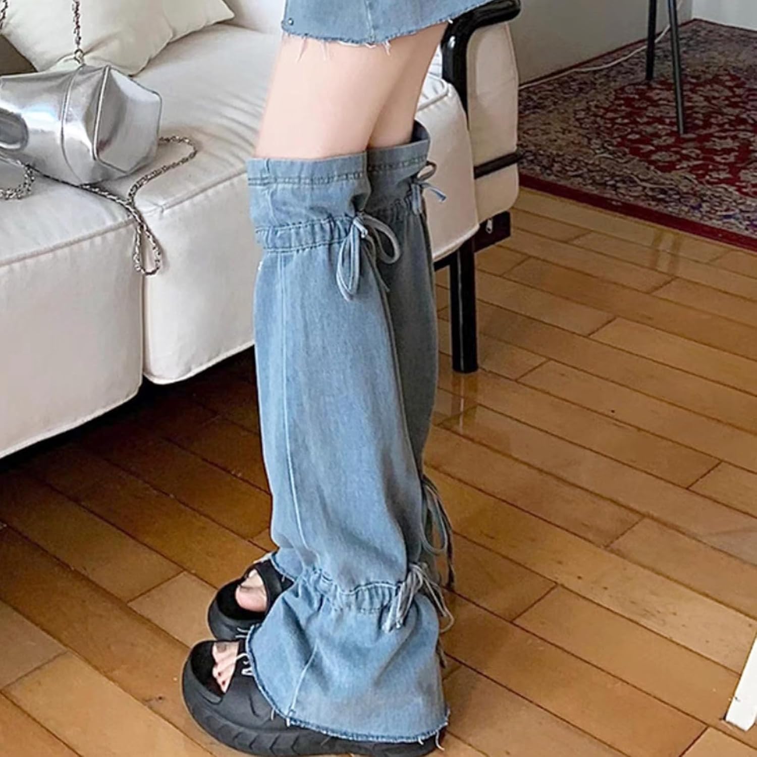 Punk Pleated Jeans Leg Warmers with Drawstring Bandages Cover Flared Thigh High Socks Streetwear for Women Stylish J