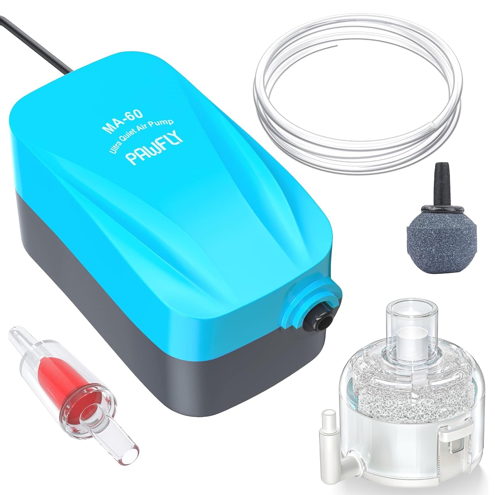 Pawfly Aquarium Compact Air Pump for 3-20 Gallon Buckets and Fish Tanks Quiet Oxygen Aerator Pump with Air Stone, Nano Bio Sponge Filter, Airline Tubing and Check Valve Accessories