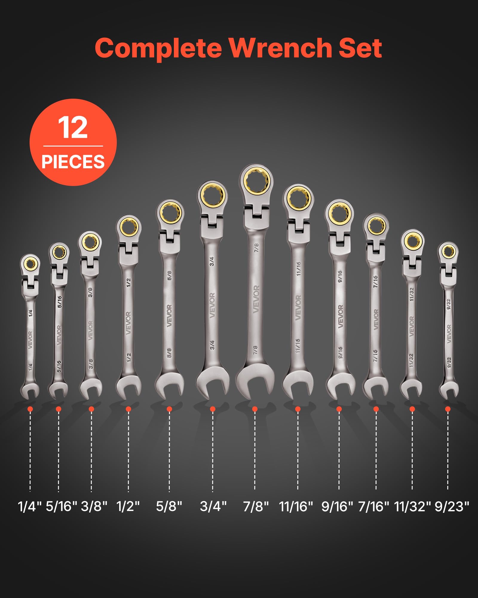 VEVOR Jeu de Clés Mixtes 12PCs, Clé Plate à Cliquet à Tête Flexible, pour Réparation Domestique et Automobile, Taille SAE, Extrémité Fourche, 72 Dents, en Acier Cr-V, avec Trousse Enroulable