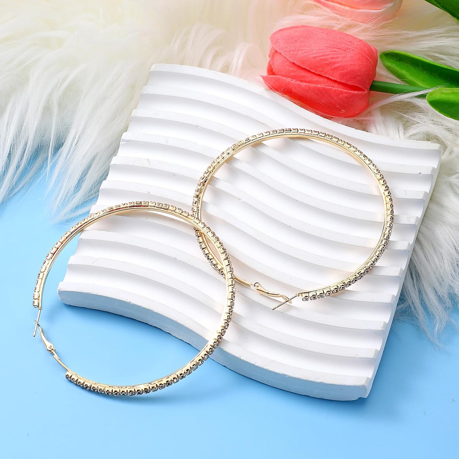 80mm Large Rhinestone Hoop Earrings for Women Sparkly Rhinestones Big Hoops Earring Gold Crystal Hoop Earrings Bling Dangle Drop Hoops Earring for Women Wedding Jewelry Party Favor - Image 7