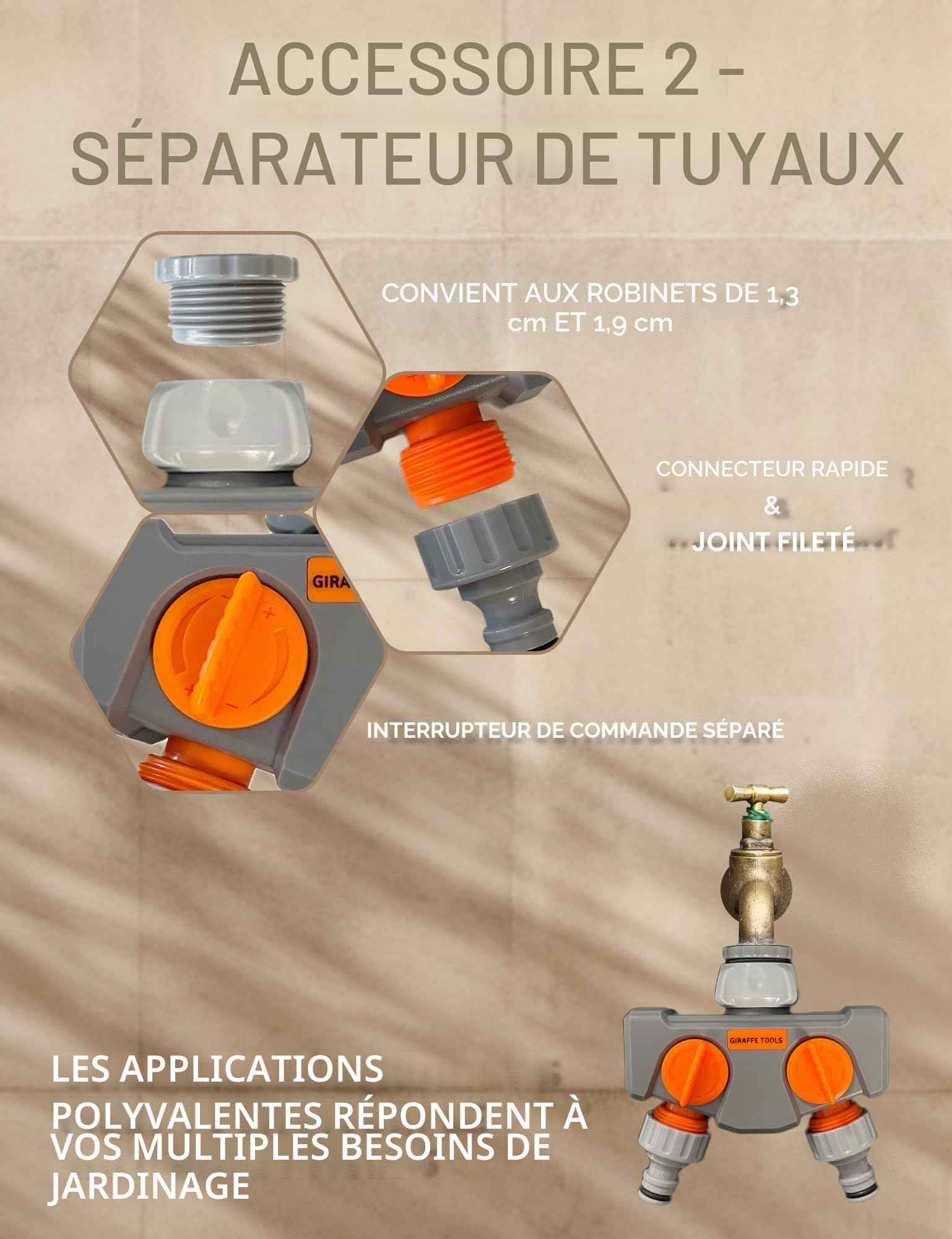 Giraffe Tools Enrouleur de tuyau d'arrosage avec répartiteur de robinet et couvercle, tuyau rétractable de 30 m