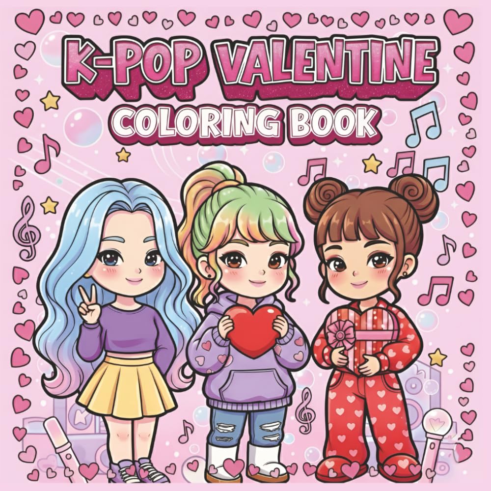 K-Pop Valentine Coloring Book: Cute Chibi Idol Girls & Boys, Fashion, Music & Dance, A Fun and Charming Coloring Adventure for Kids & Adults Who Love K-Pop, Fashion and Valentine’s Day Magic