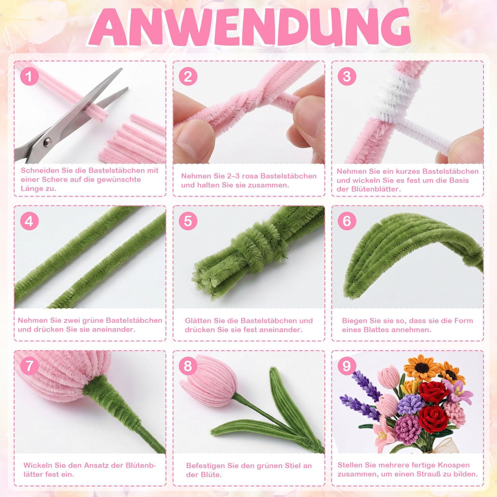 Lot de 1000 cure-pipes à fleurs pour bricolage, 16 couleurs, fil chenille avec fil de fleurs, perles, papier cadeau et accessoires pour décoration de bouquet de fleurs DIY