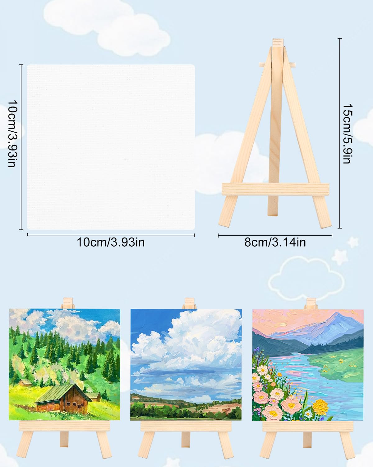 BUCOMTU Lot De 12 Mini Chevalets Bois Avec Toiles 10x10cm - Supports Trépieds Pliables Pour Artistes Enfants