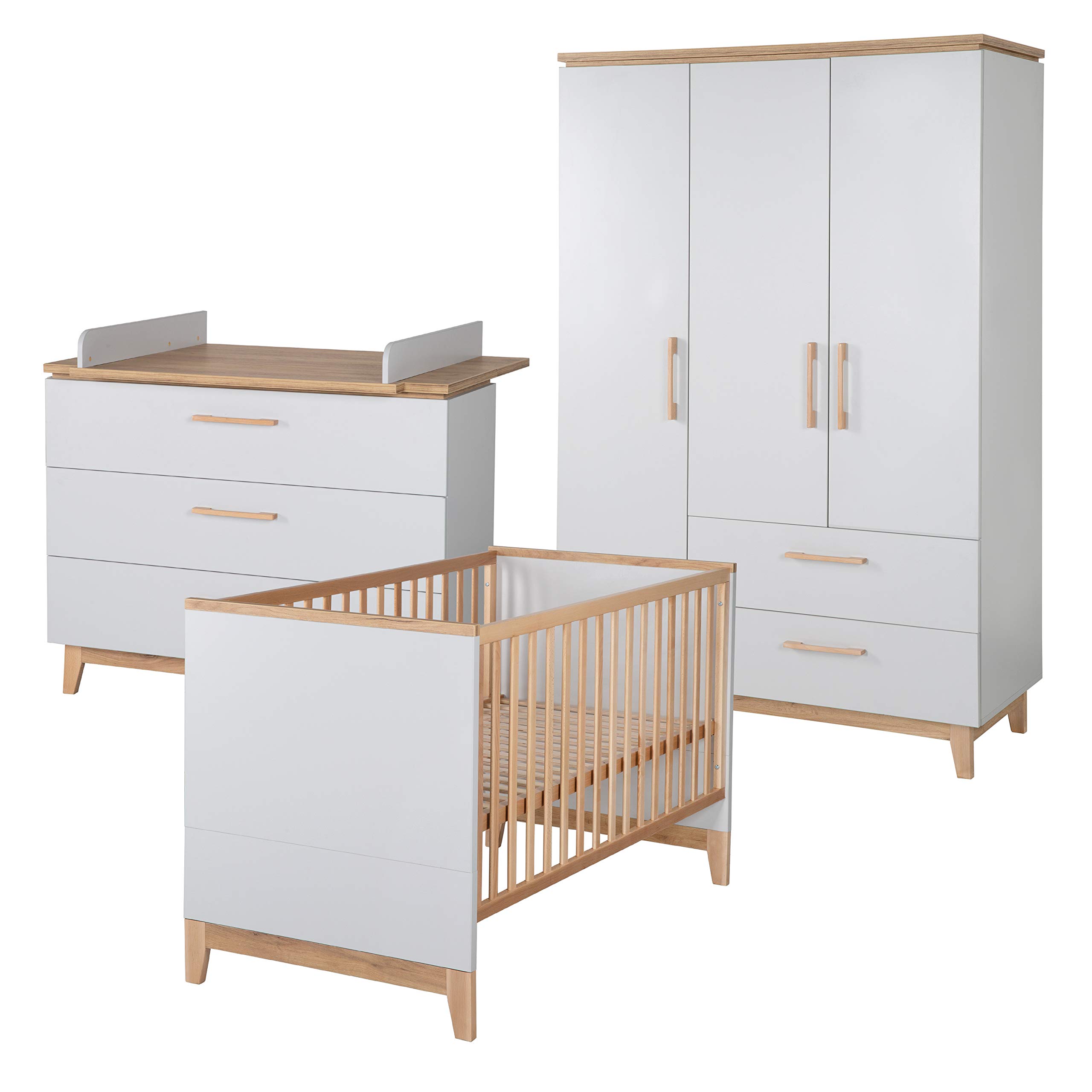 roba Set 'Caro', mit Kombi-Bett 70x140 cm, Wickelkommode & 3-türigem Schrank, Lichtgrau/Goldeiche