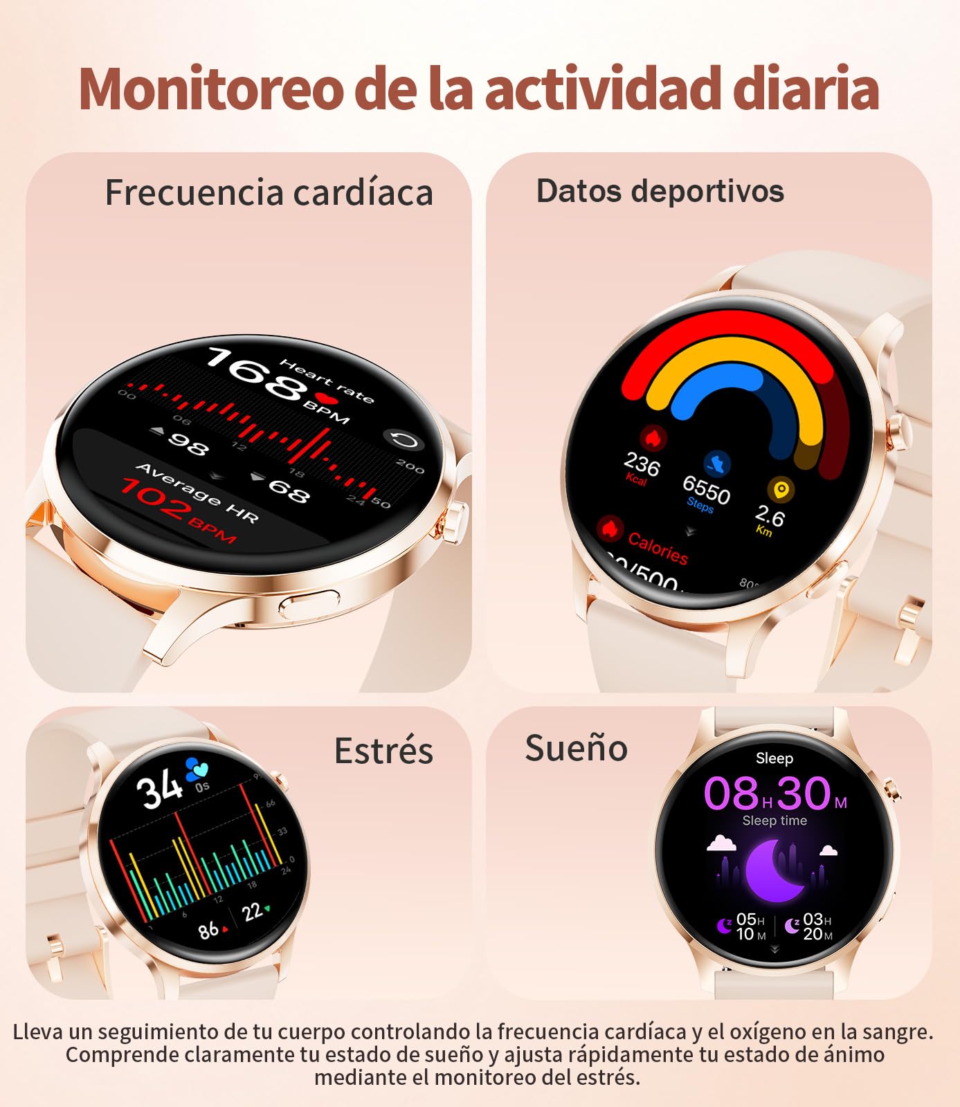 Reloj Inteligente Mujer, 1.32" AMOLED Smart Watch con Llamadas Bluetooth, 120+ Deportes Smartwatch Mujer con 2 Correas, IP68 Waterproof, Sueño, Actividad Calorías Podómetro Android iOS (Dorado)