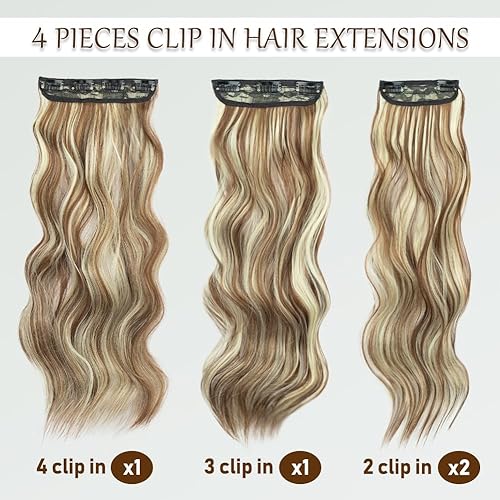 Miniatura 2 de Extensiones de cabello sintético con pinzas, largo y ondulado, 4 piezas gruesas, fibra de doble trama para mujer (20 pulgadas, castaño con reflejos