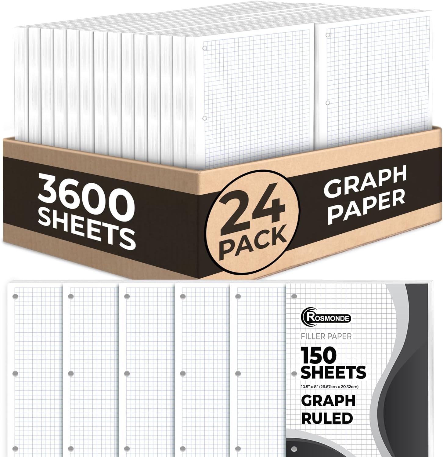 Rosmonde Loose Leaf Paper Bulk, 3600 Sheets, 24 Pack, Quad Ruled Sheets, 8" x 10.5", Bulk Notebook Papers, 3 Hole Punched, Graph Ruled Filler Paper for Binders, 150 Sheets/Pack, School Supplies, White