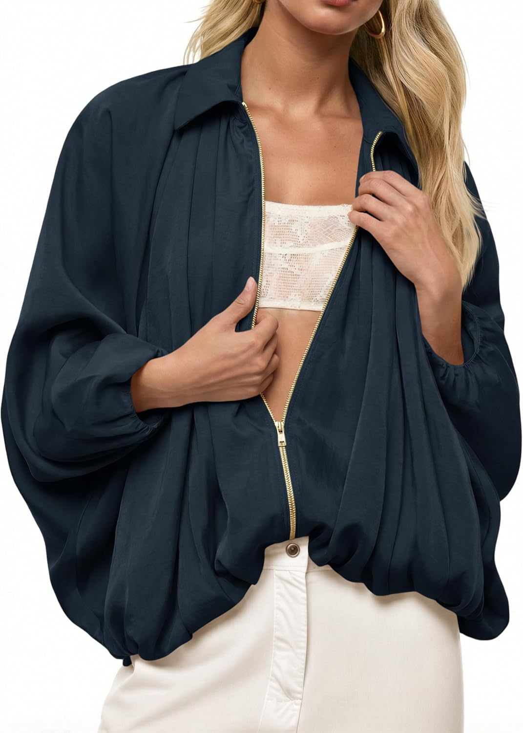 Tankaneo Womens Bomber Jackets Oversized Batwing Sleeve Zip Up Puffed Jacket Lapel Collar Pleated Outerwear