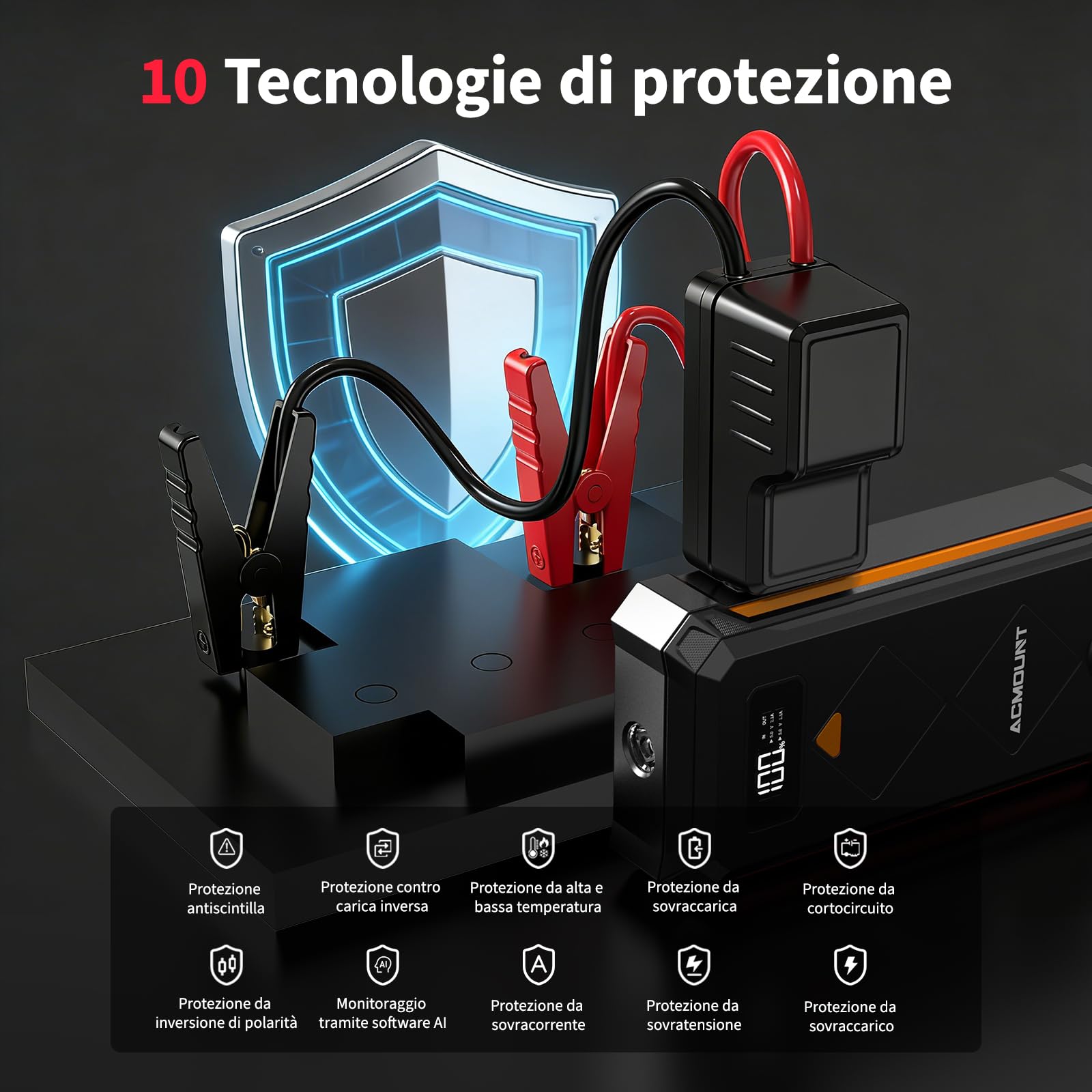 Acmount Avviatore Batteria Auto, 7000A Booster Avviatore Auto per(12L Gas/10L Diesel), Starter Batteria Portatile Jump Starter con LED/LCD Booster Avviamento