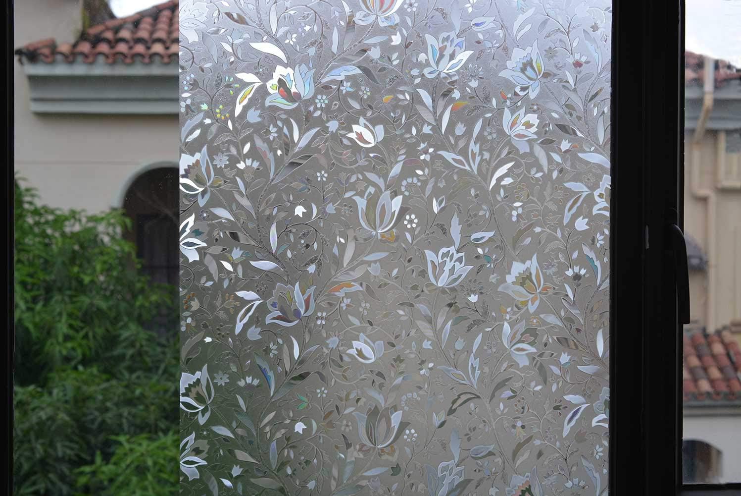 VSUDO 1 Roll 35.4" by 78.7" Static Cling Window Film for Privacy, Tulip Flower Pattern Window Tint for Home, Window Glass Sticker for Office (19.37 Sq. Ft Total)