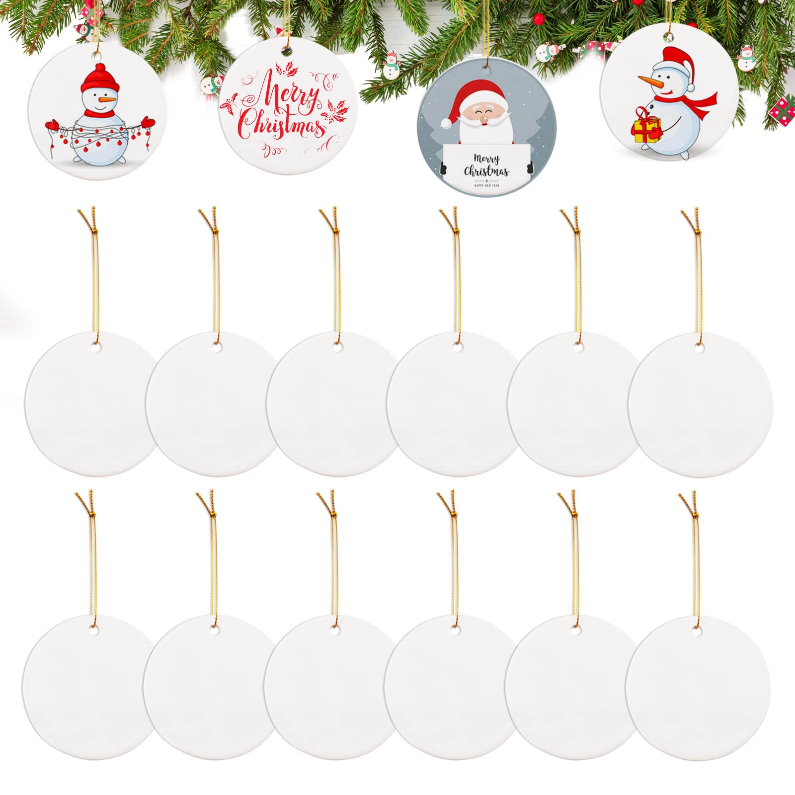 WANDIC Adornos de cerámica redondos blancos, 12 piezas de adorno de sublimación en blanco con cuerda dorada, adornos de cerámica discos para decoración del hogar de Navidad