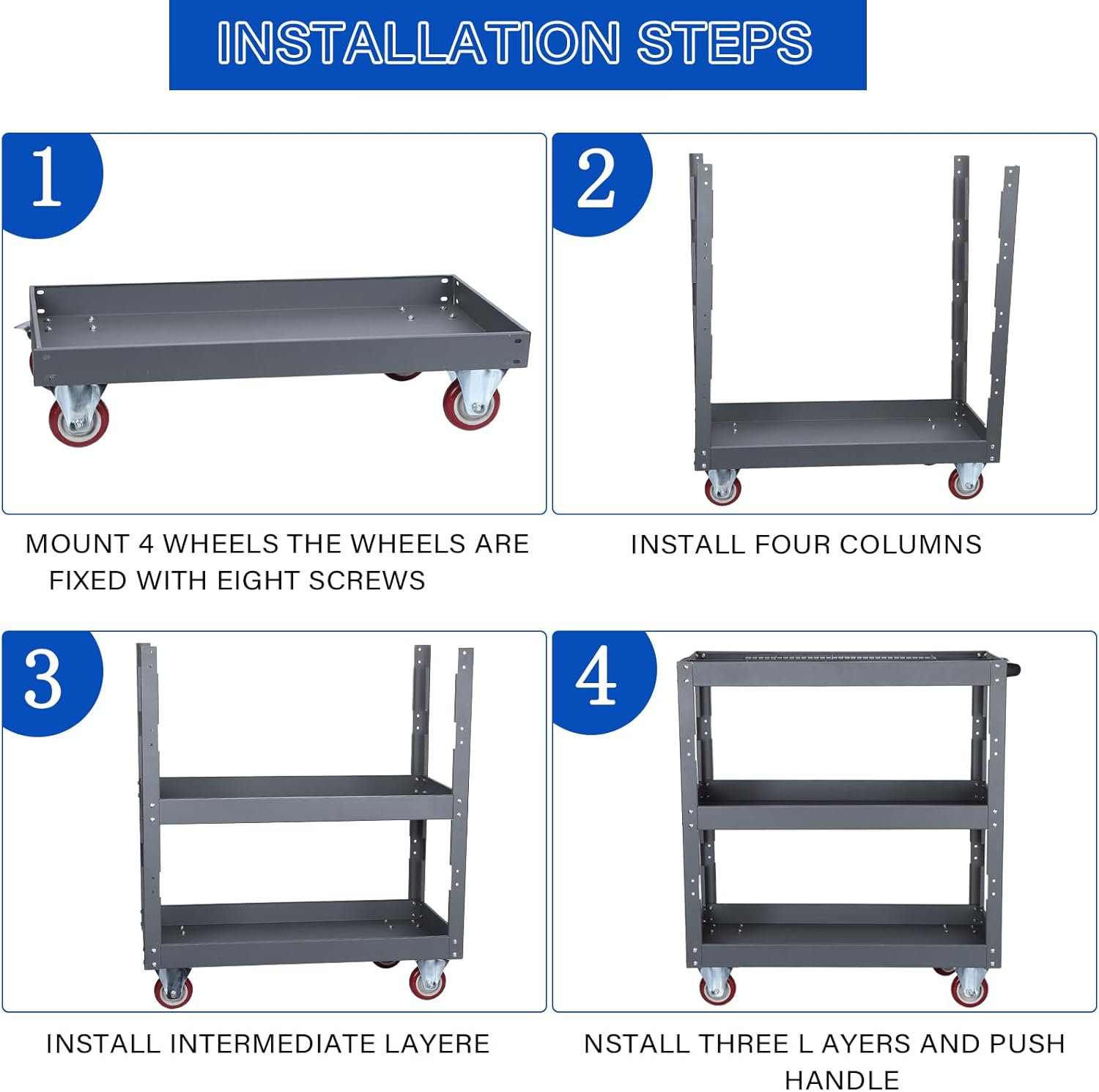 3 Tier Large Capacity Tool Cart, 660 lbs Tool Trolley with Adjustable Dividers, Lockable Wheels & Handle for Garden Warehouse Garage Workshops Grey One Size