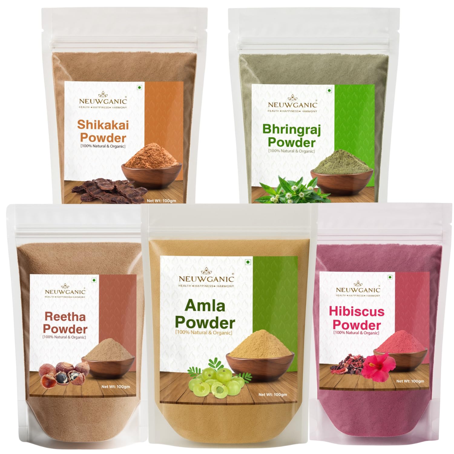 Neuwganic - Herbal Hair Care Combo - Natural Hair Pack for Growth, Strength & Shine - Pure & Chemical Free - Amla, Shikakai, Reetha, Hibiscus & Bhringraj Powders - 100g Each
