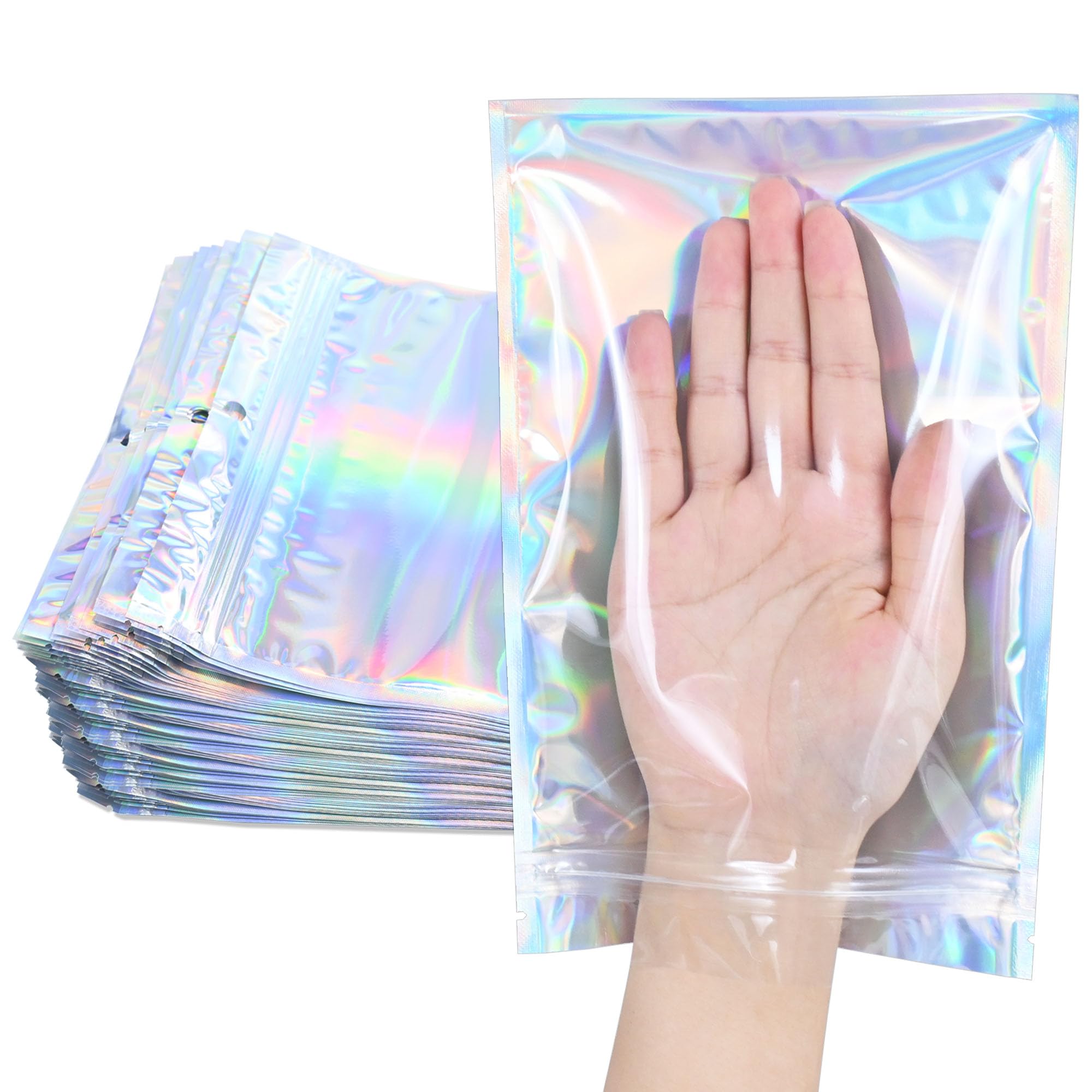100 Pack Holographic Resealable Plastic Bags for Food Storage, Zipper Bags with Clear Front Window, Packaging Pouch for Small Business (100 Pack,