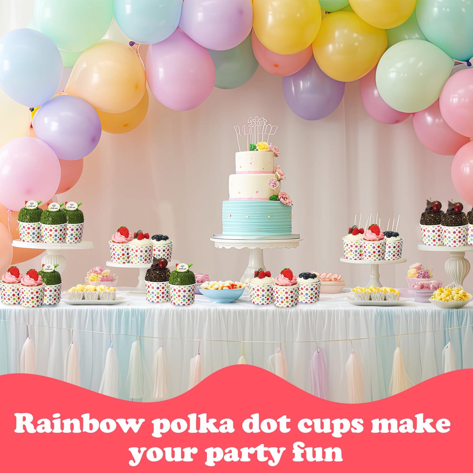 Honeydak Paquete de 400 vasos de helado de lunares arcoíris de 150 ml para fiestas, vasos de papel desechables para dulces, postres, aperitivos, yogur, boda, fiesta de cumpleaños