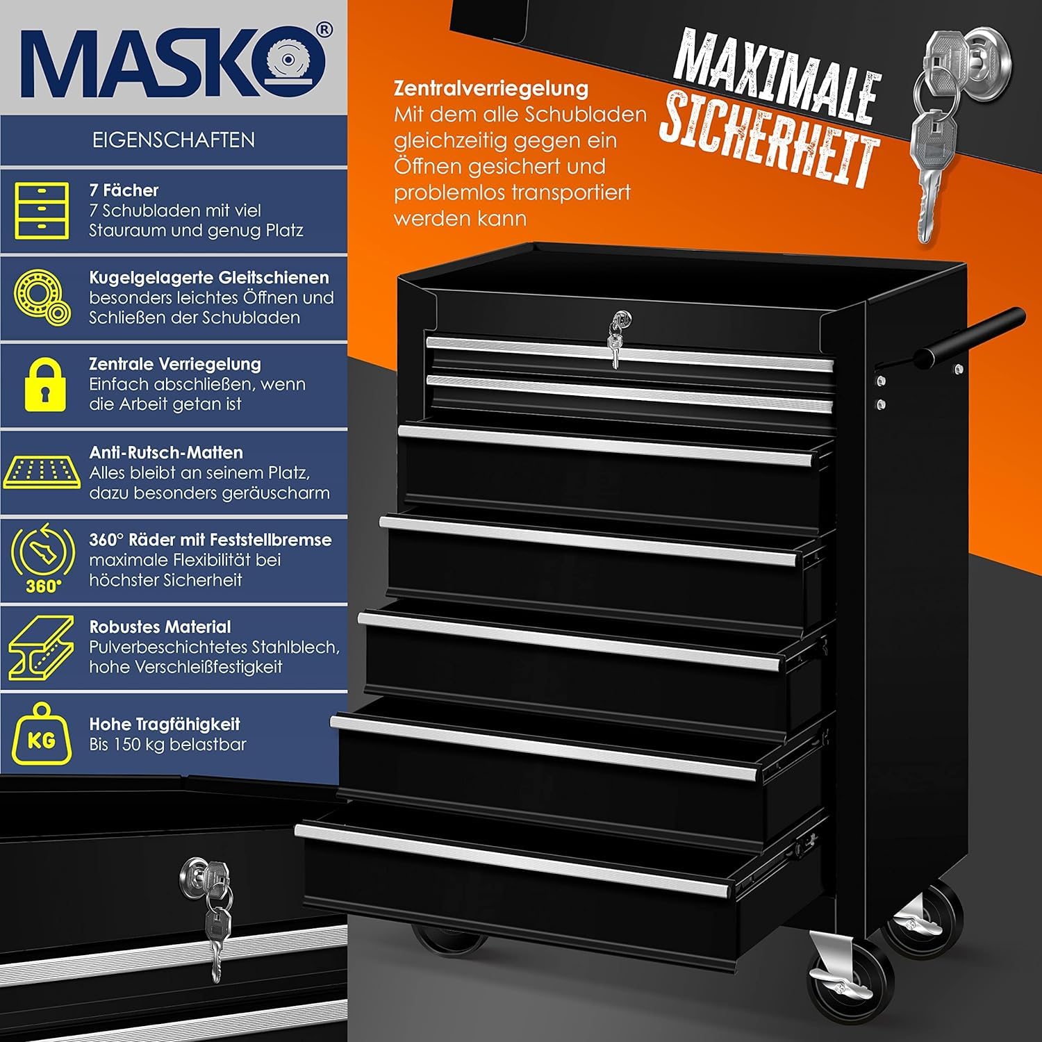 Masko® Carro de taller para herramientas, con 7 cajones, negro, metal macizo, profesional, portátil, con ruedas, bloqueable, con cerradura, no incluye herramientas