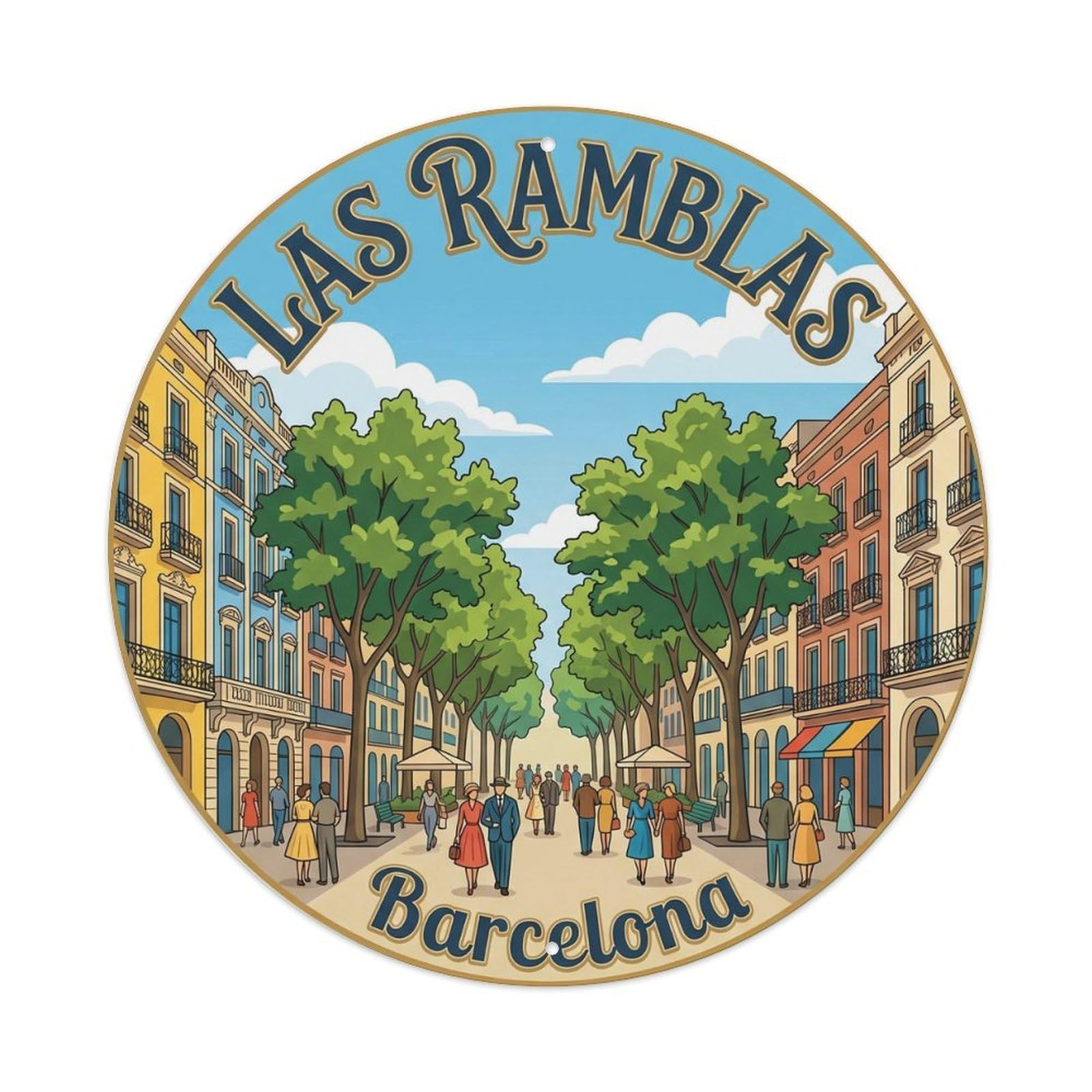 Vintage Travel Barcelona Ramblas Street 1 Metal Tin Sign Plaque Wall Decor for Cafe, Club Bar, Office, Home Garden Round Metal Poster 8x8Inch