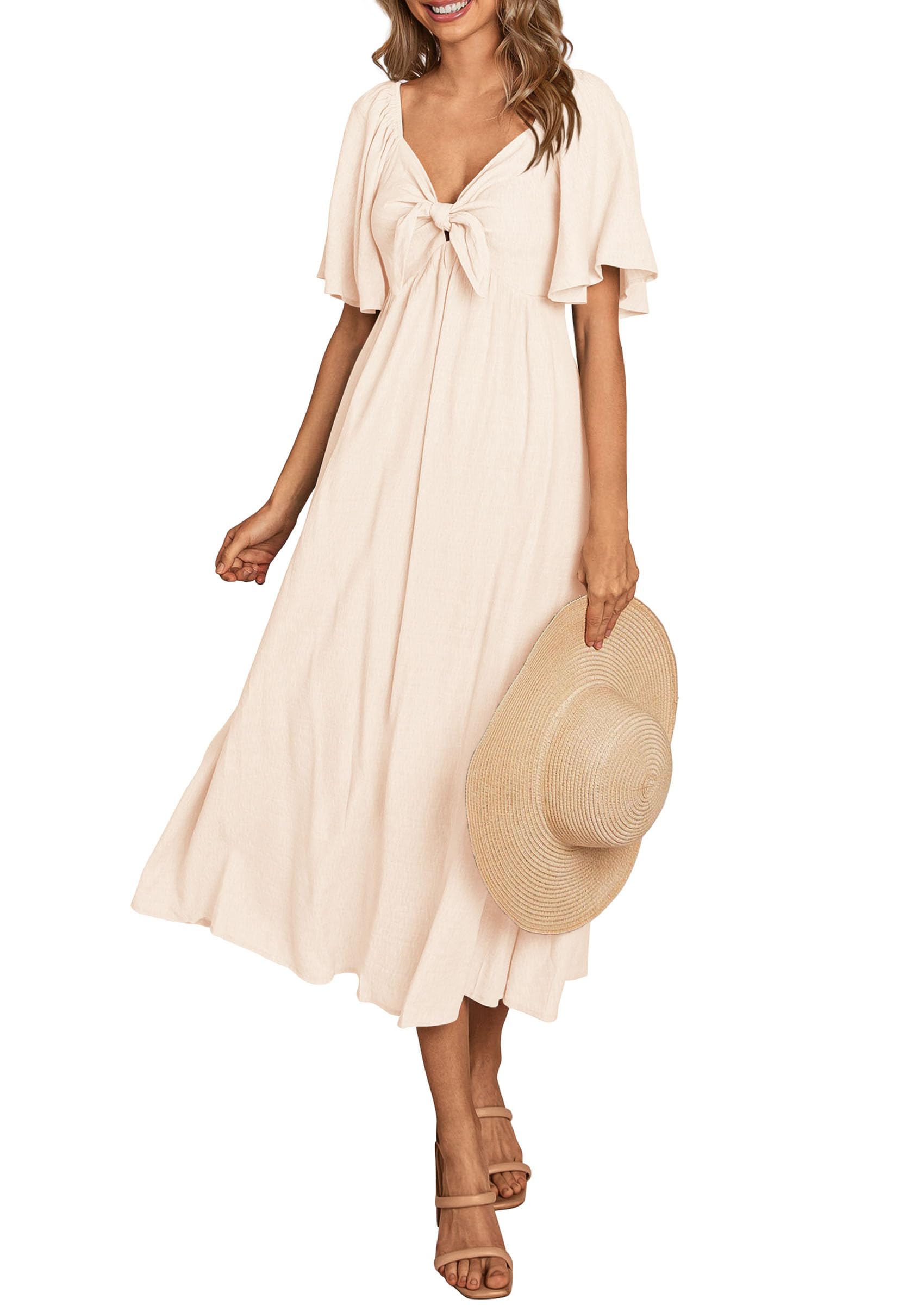 PRETTYGARDEN Summer Dress for Women 2025 Casual Short Sleeve Bow Tie V Neck Ruffle Midi Flowy Dresses