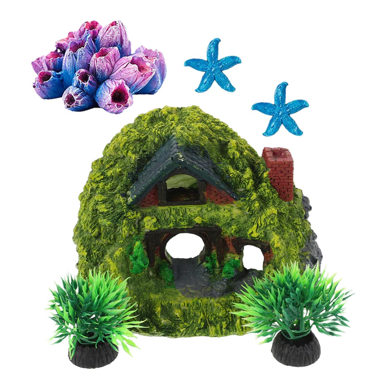 Aquarium Decoration House and Shrimp Hideout Resin Fish Tank Ornament with Double-Layer Hobbit Small Hideaway and 3pcs Coral