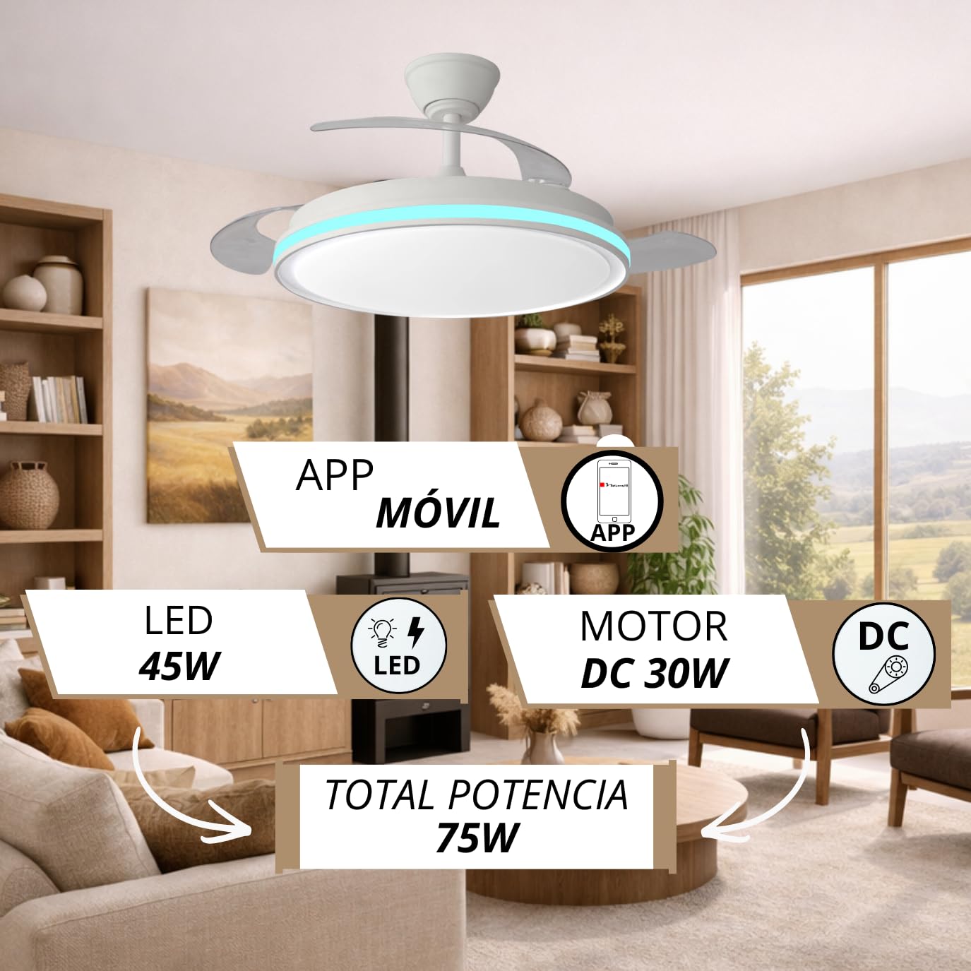 NARVI Ventilador de Techo Blanco con Luz LED Regulable, Motor DC Silencioso de Bajo Consumo, Lámpara Ventilador con Mando a Distancia, 3 Aspas Retráctiles, Función Invierno Verano, SEÚL 8935 WH