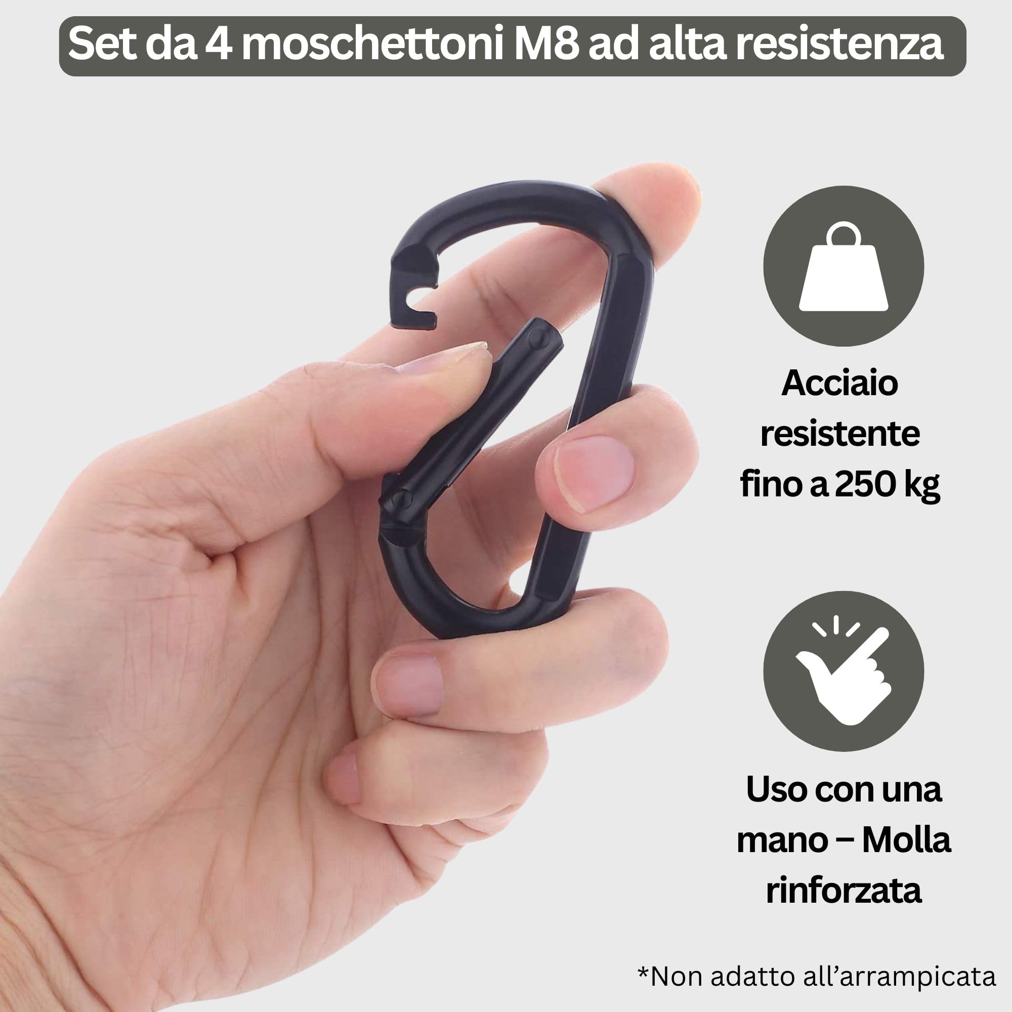 Moschettone Acciaio Inox Nero M8 8 cm (Set da 4) - Moschettoni portachiavi porta chiavi a molla fino a 250 kg - zaino borse guinzaglio cane amaca campeggio palestra