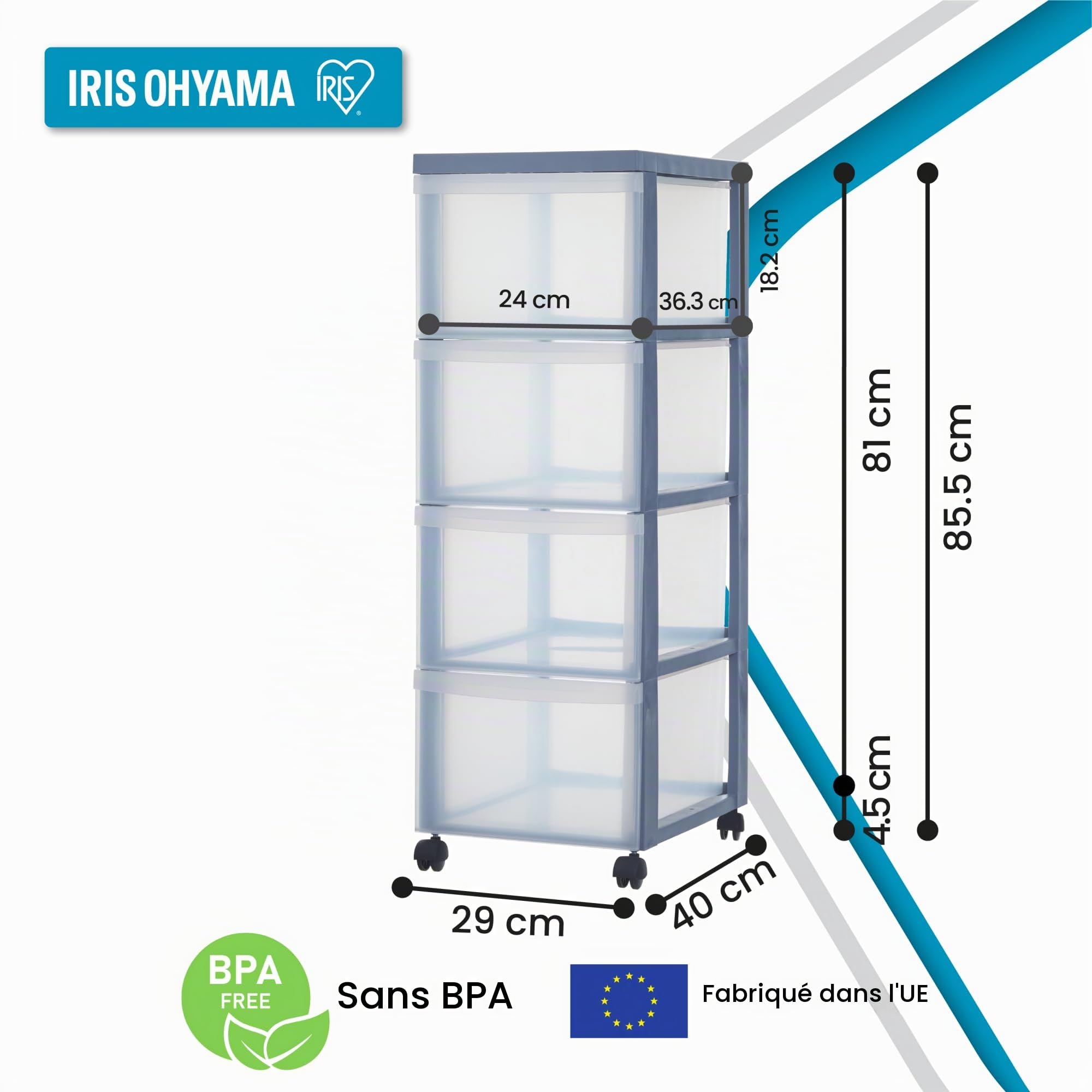 Iris Ohyama, Tour de rangement, Tour plastique, Organisateur, 4 tiroirs de 15 L, Poignées ergonomiques, Roues, Bureau, Salon, salle de bain - Design Chest DC-304 - Gris
