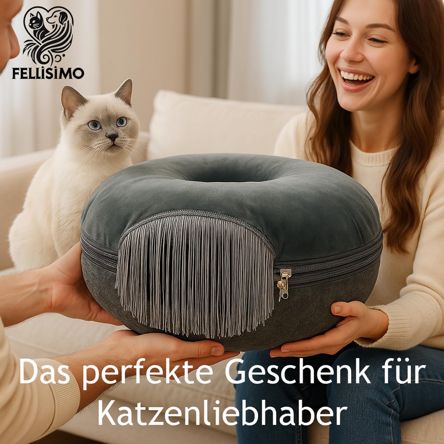 Katzen Donut mit Flauschigen Kuschelbett | Anti-Slip Unterfläche | Atmungsaktiv | Katzentunnel aus Filz mit waschbaren Kissen Bezug | Katzenhöhle