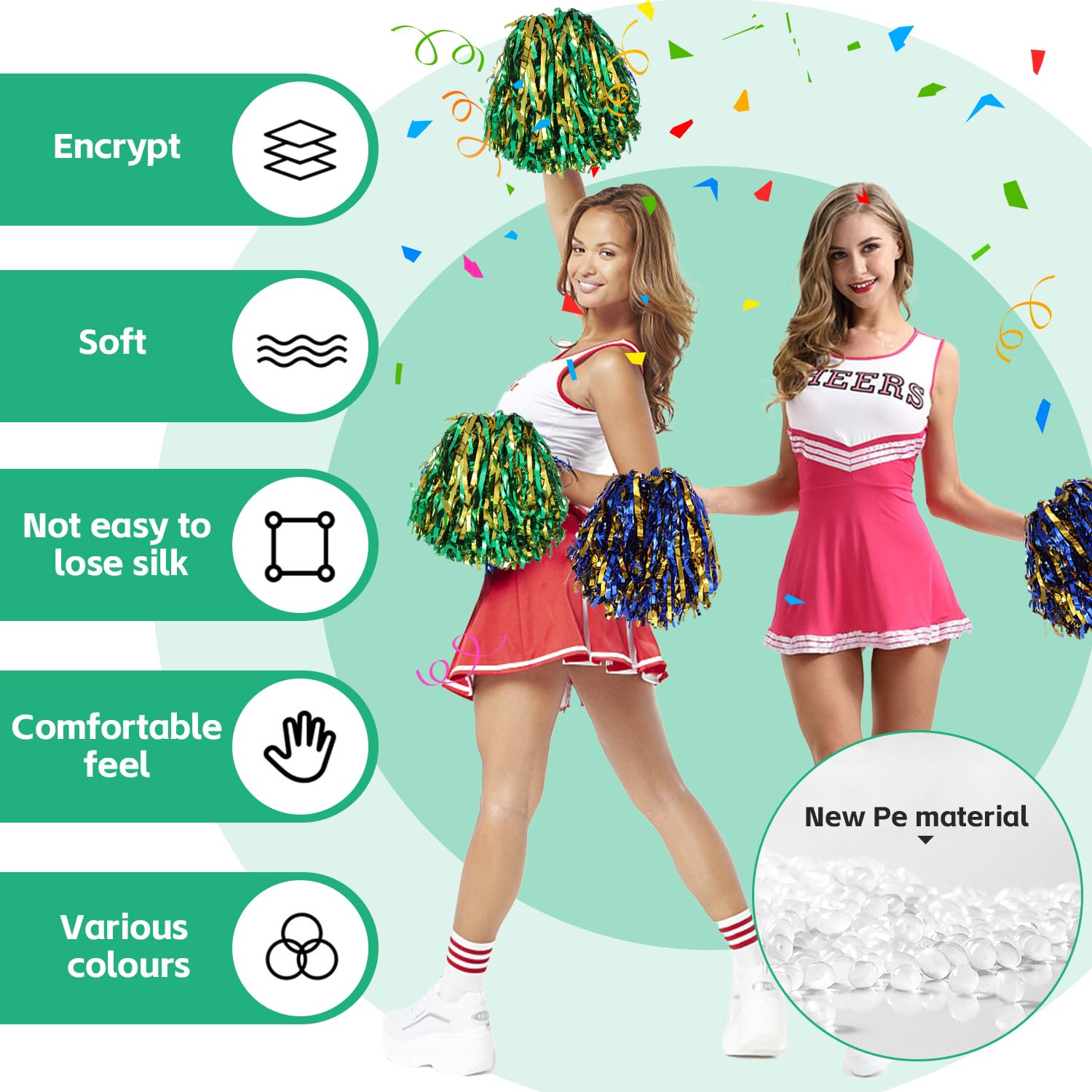6 Piezas Pompones Animadora Pompones de Colores para Animadoras Pompones Animadora Niña Pompon Animadora con Asa para Eventos Deportivos Juegos Escolares Baile y Raves(Oro Verde Oro Negro Oro Azul) — view 6