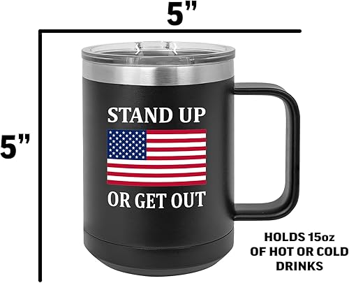 Miniatura 4 de Rogue River Tactical Taza de café negra de acero inoxidable resistente con tapa de la bandera estadounidense Stand Up Or Get Out, gran idea de regalo