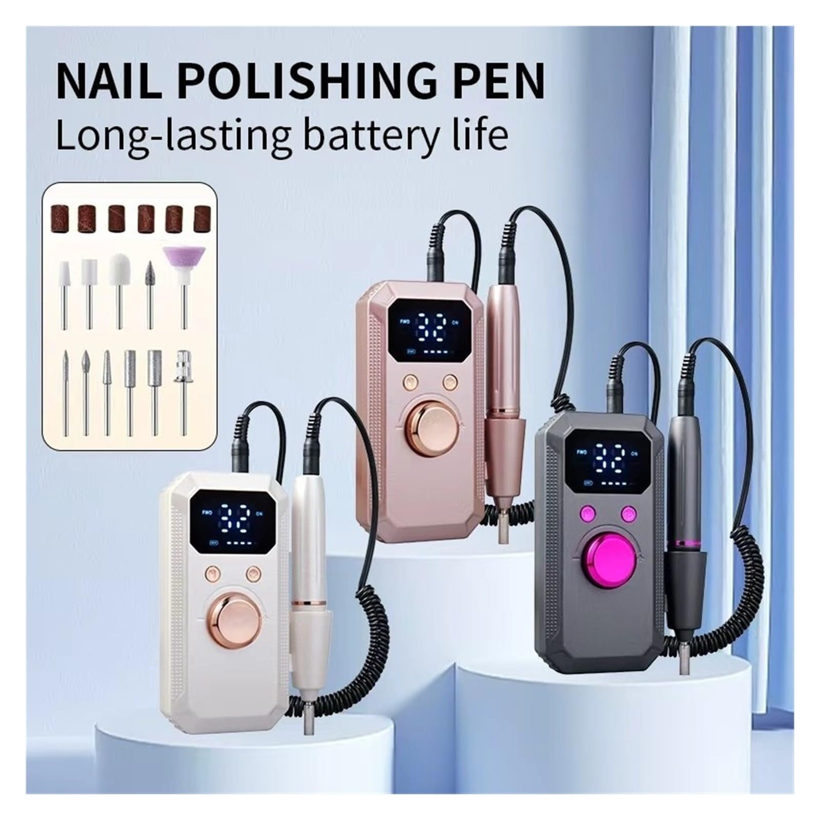 Máquina perforadora de uñas, Lima de uñas eléctrica recargable profesional, pantalla LED inalámbrica portátil(Grey)