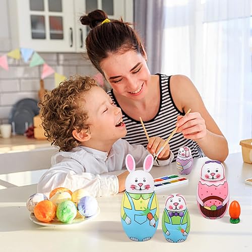 Miniatura 6 de JiaUfmi 5 piezas de muñecas de anidación de conejo de Pascua ruso Matryoshka zanahoria hechos a mano juguetes apilables de madera para fiesta de